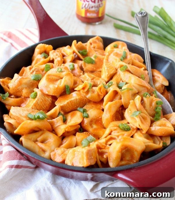 One-Pot Creamy Buffalo Chicken Tortellini 3 Close-up of one pot buffalo chicken tortellini in a creamy buffalo-cheese sauce.