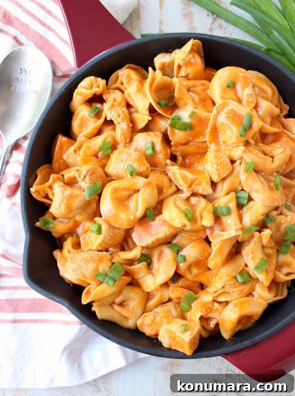 One-Pot Creamy Buffalo Chicken Tortellini 5 A creamy scoop of buffalo chicken tortellini garnished with green onions.