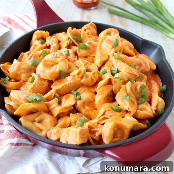One-Pot Creamy Buffalo Chicken Tortellini 6 Creamy, spicy buffalo chicken tortellini ready to serve.