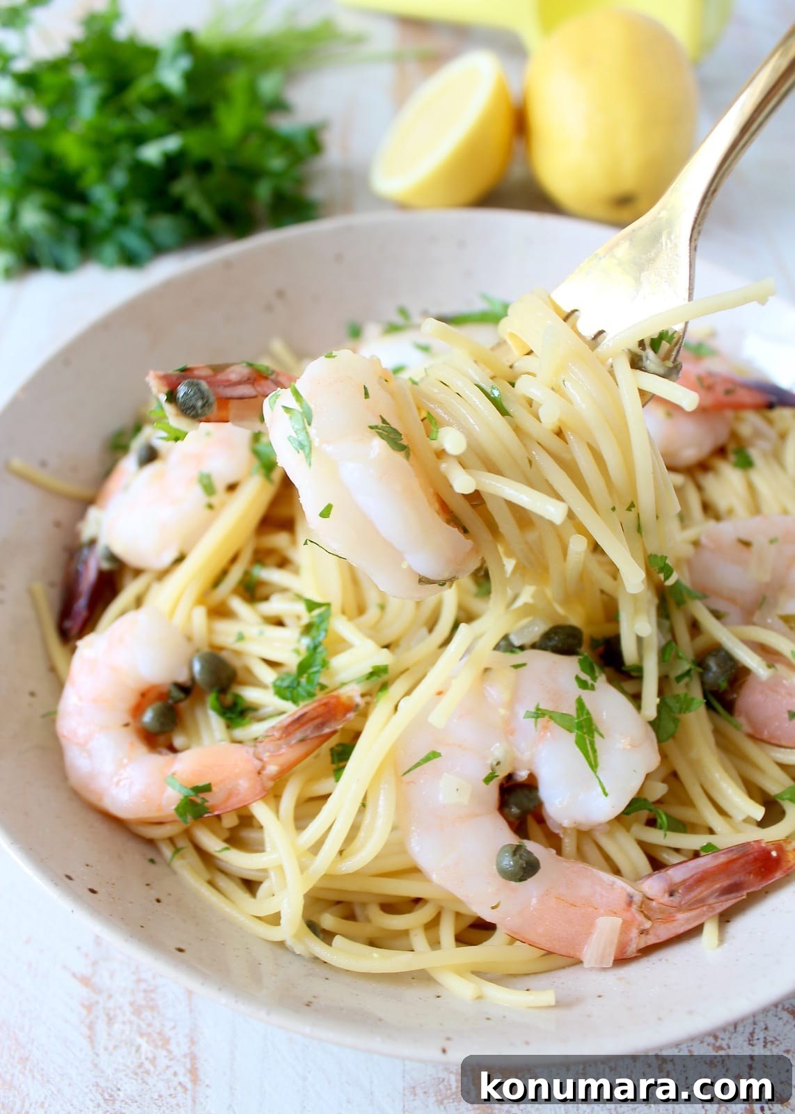 One pot shrimp piccata pasta in a lemony garlic white wine sauce