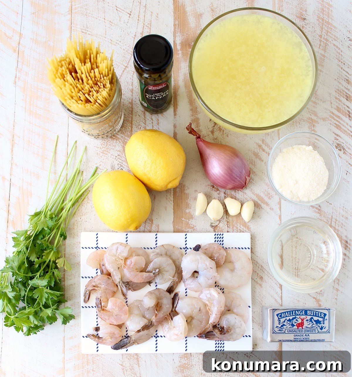 Shrimp piccata pasta tossed in lemon and capers