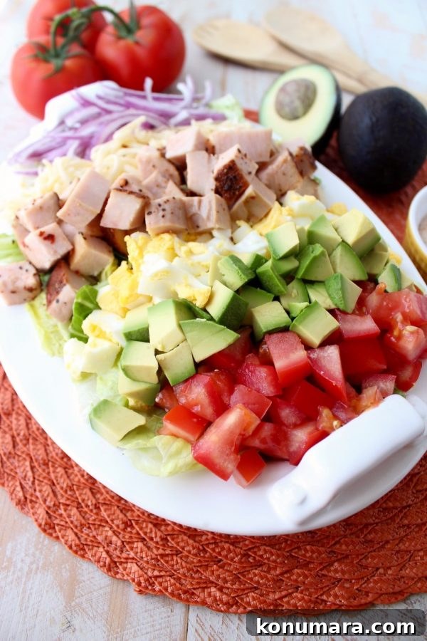 Spicy Cajun Turkey Cobb Salad Recipe 3 Close up of Cajun Turkey Cobb Salad with pepper jack and hard boiled eggs
