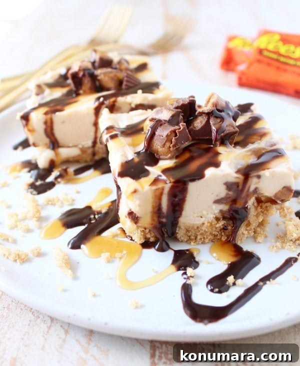 No-Bake Reese's Peanut Butter Cup Cheesecake Bars 2 No bake cheesecake bars are a deliciously easy dessert, made with Reese's Peanut Butter Cups, they're filled with chocolate, peanut butter goodness!