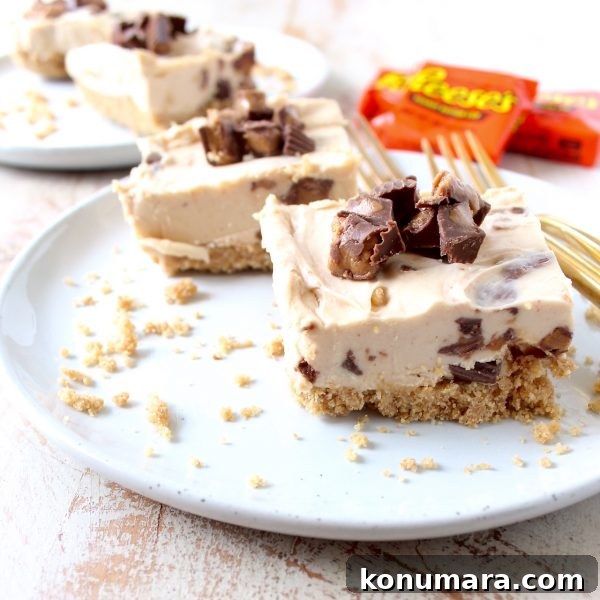 No-Bake Reese's Peanut Butter Cup Cheesecake Bars 3 No bake cheesecake bars are a deliciously easy dessert, made with Reese's Peanut Butter Cups, they're filled with chocolate, peanut butter goodness!