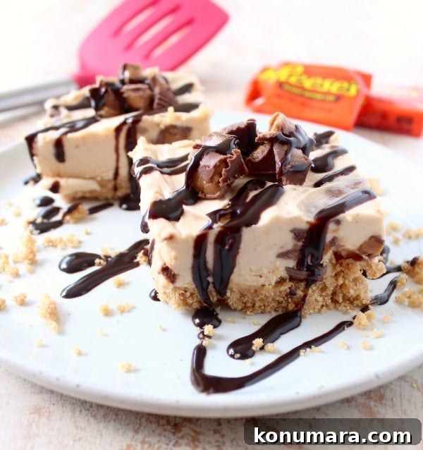 No-Bake Reese's Peanut Butter Cup Cheesecake Bars 4 No bake cheesecake bars are a deliciously easy dessert, made with Reese's Peanut Butter Cups, they're filled with chocolate, peanut butter goodness!