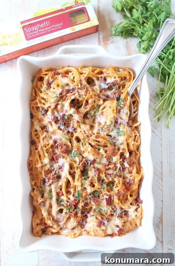 BBQ Chicken and Bacon Baked Spaghetti 4 Serving of baked spaghetti with melted cheese and bacon