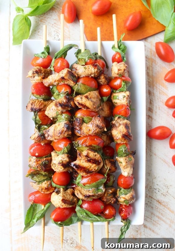Tomato Basil Chicken Skewers grilled to perfection