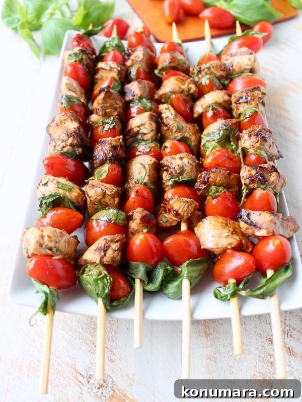 Final shot of Tomato Basil Chicken Skewers ready to eat