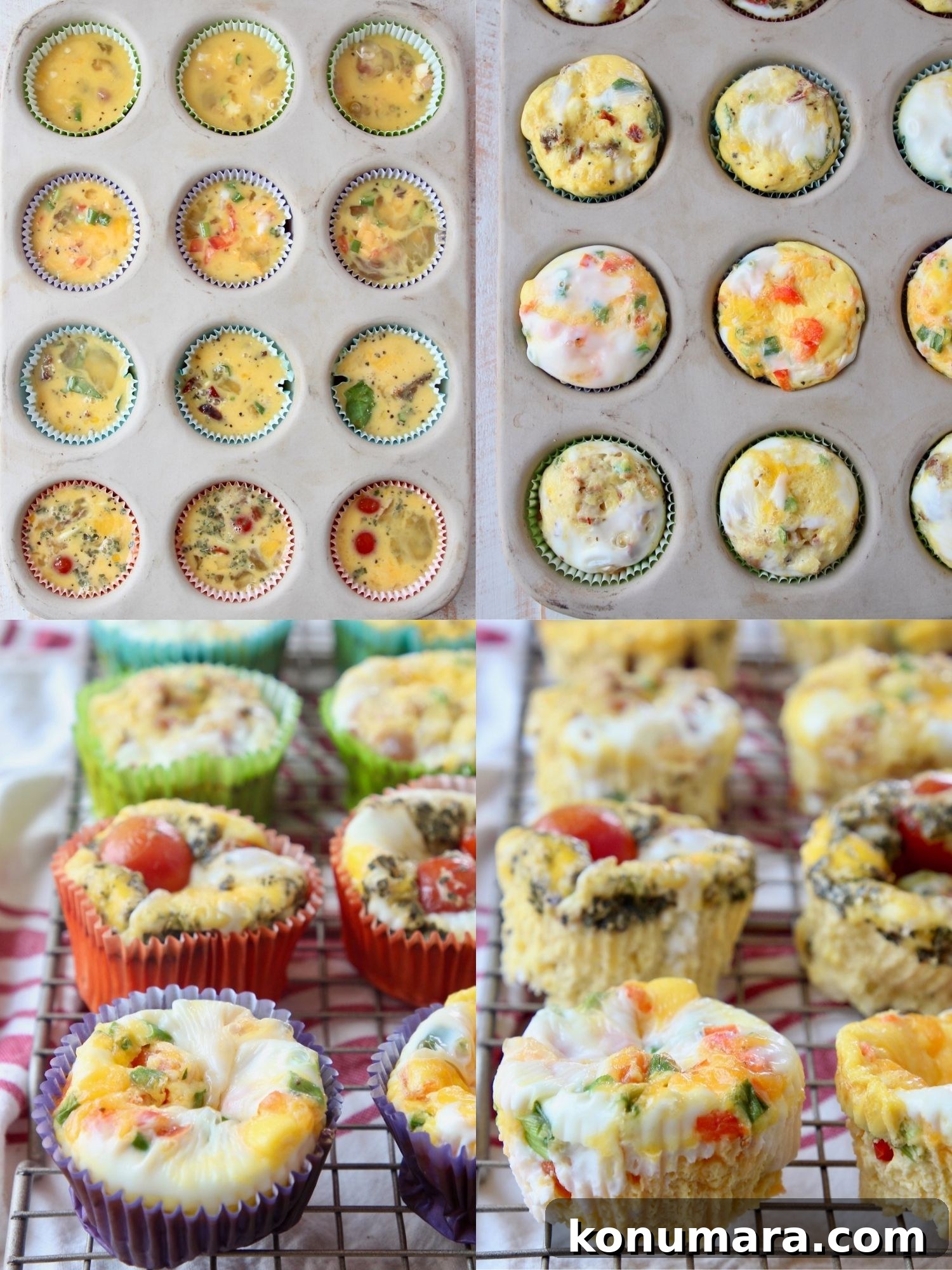 collage of images showing how to make egg muffins with paper liners