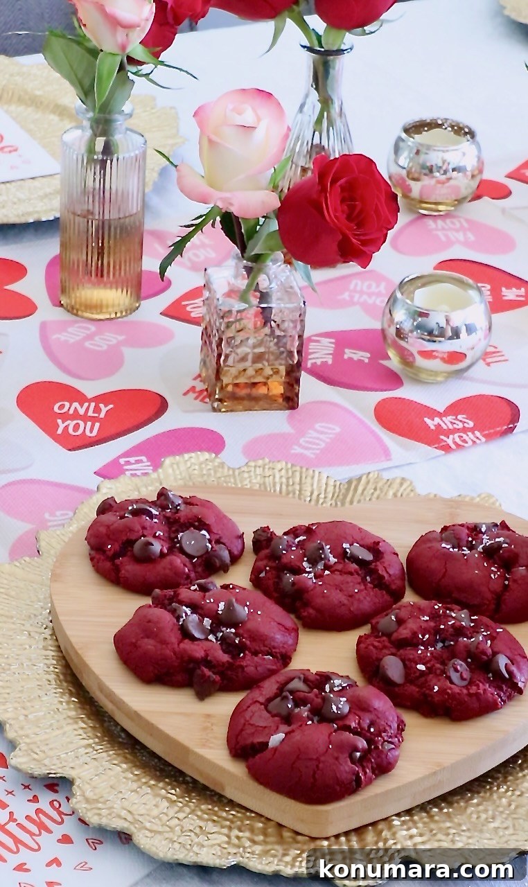 Chewy Red Velvet Chocolate Chip Cookies Recipe 6 Heart-shaped wooden tray with red velvet cookies and roses