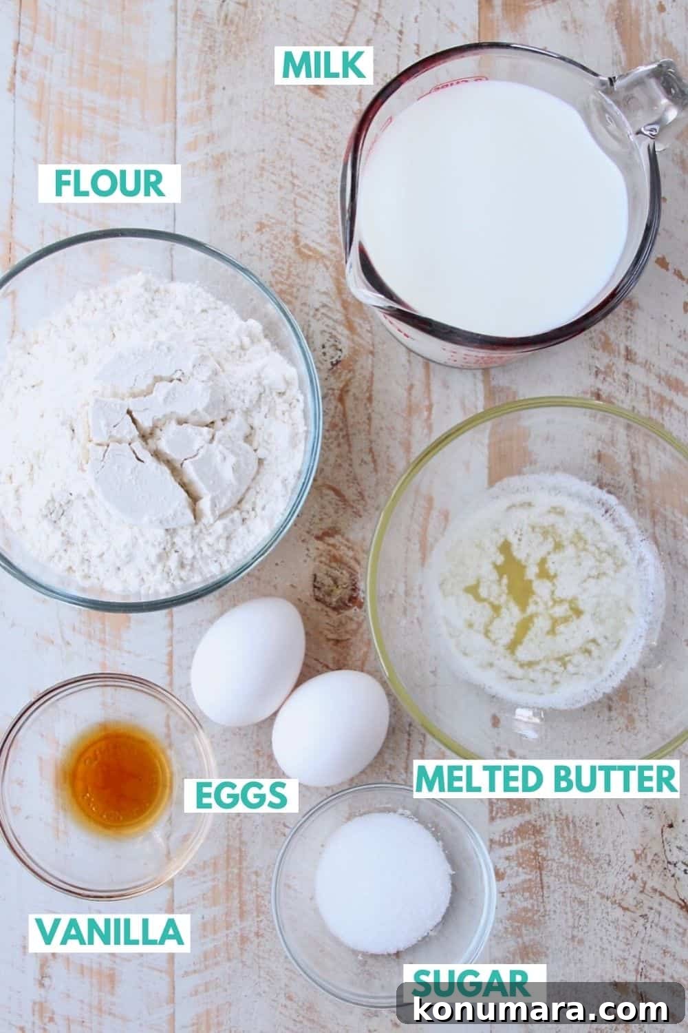 Classic French Crepes Recipe with Sweet and Savory Fillings 3 Ingredients for homemade crepes on a white wood board