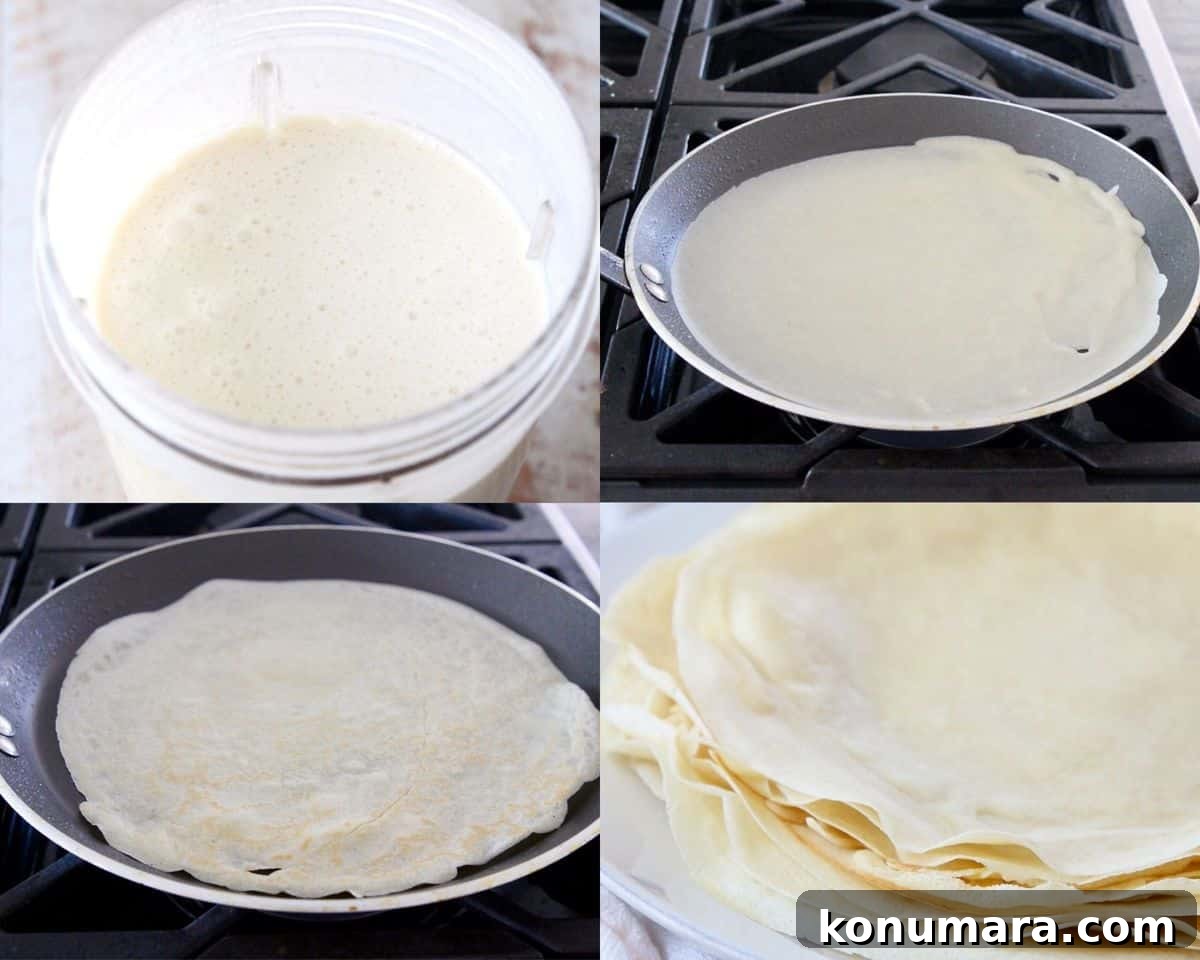Classic French Crepes Recipe with Sweet and Savory Fillings 4 Collage of images showing how to make crepes