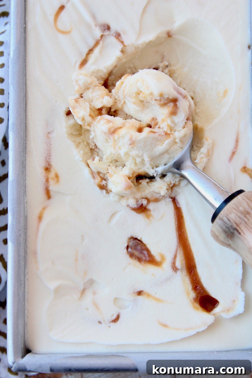 scoop of salted caramel ice cream in metal container