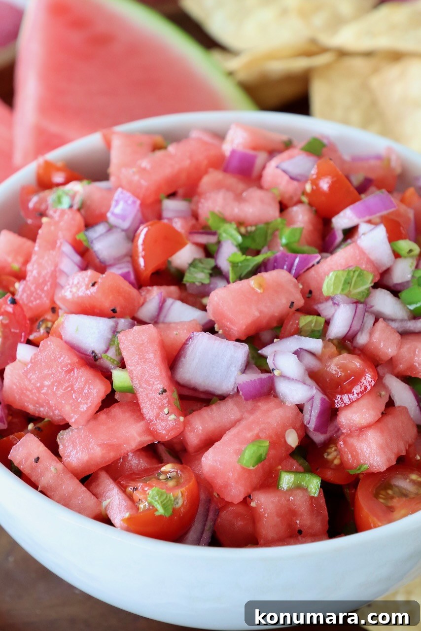 watermelon salsa in a white bowl