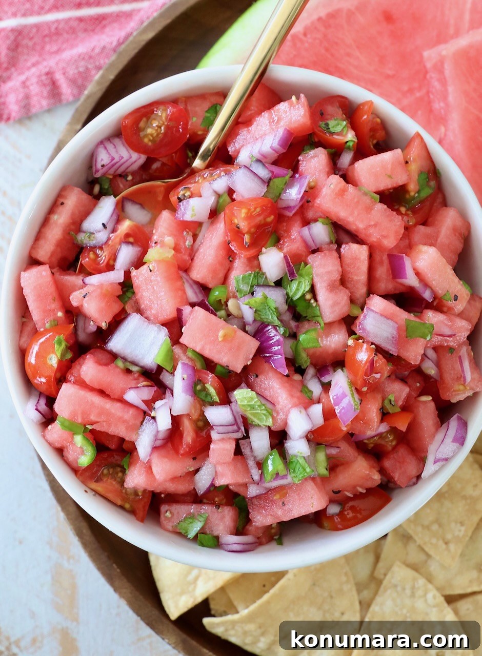 prepared watermelon salsa in bowl with spoon