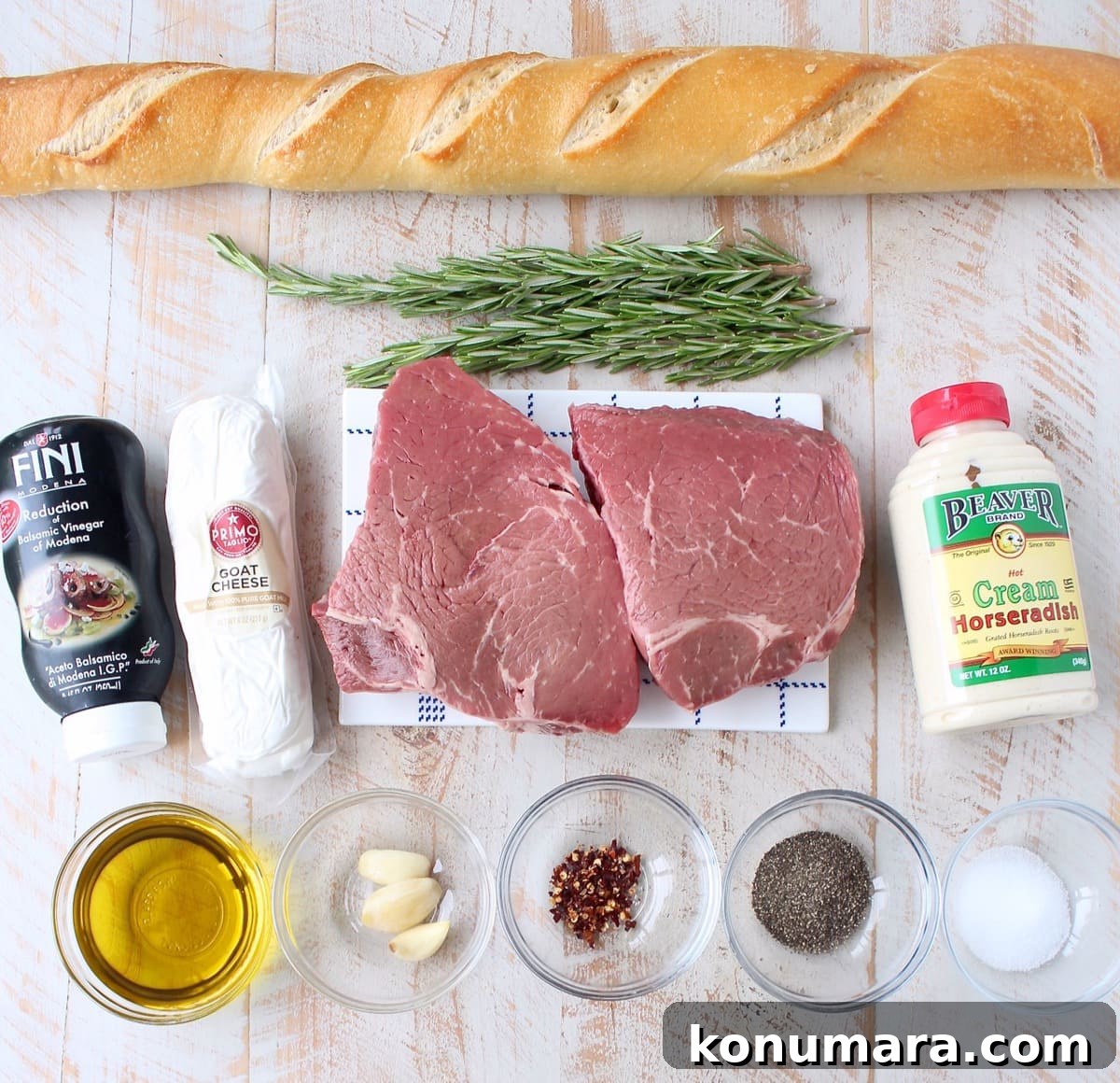 Seared Steak Crostini Recipe with Garlic Herb Butter 3 ingredients for top sirloin steak crostini on white wood board