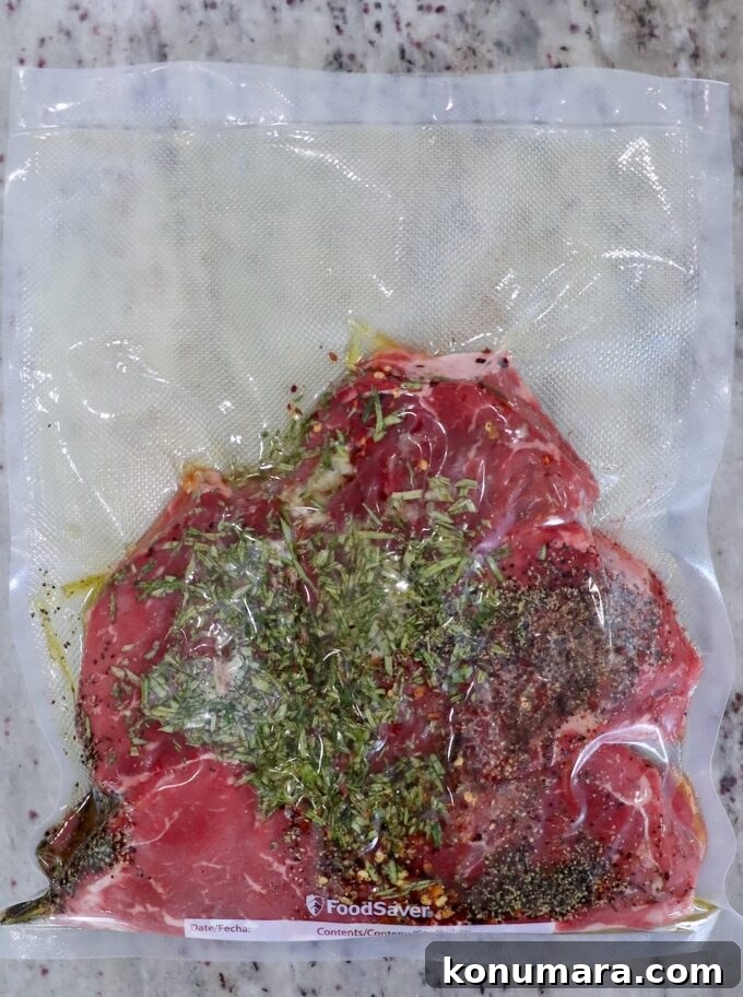 Seared Steak Crostini Recipe with Garlic Herb Butter 5 vacuum sealed seasoned steaks in a clear bag