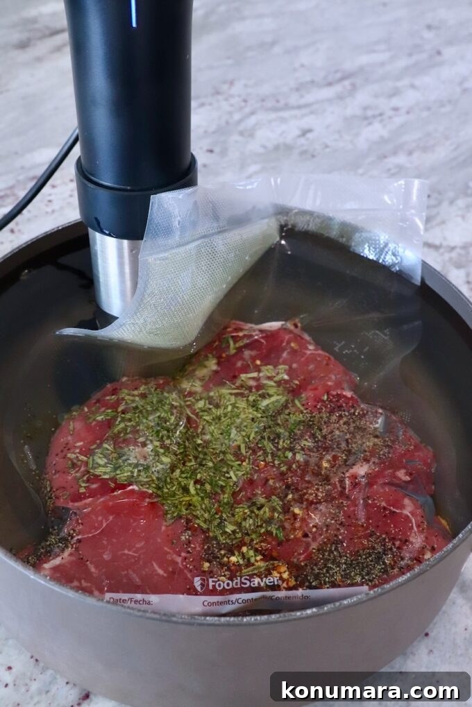 Seared Steak Crostini Recipe with Garlic Herb Butter 6 vacuum sealed steaks in a large pot of water with a sous vide attached