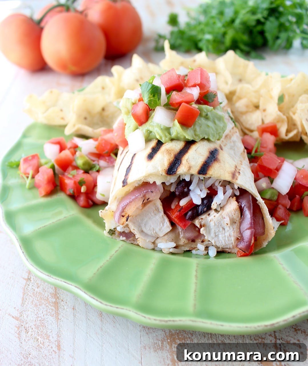 grilled burrito on plate with chips and pico de gallo