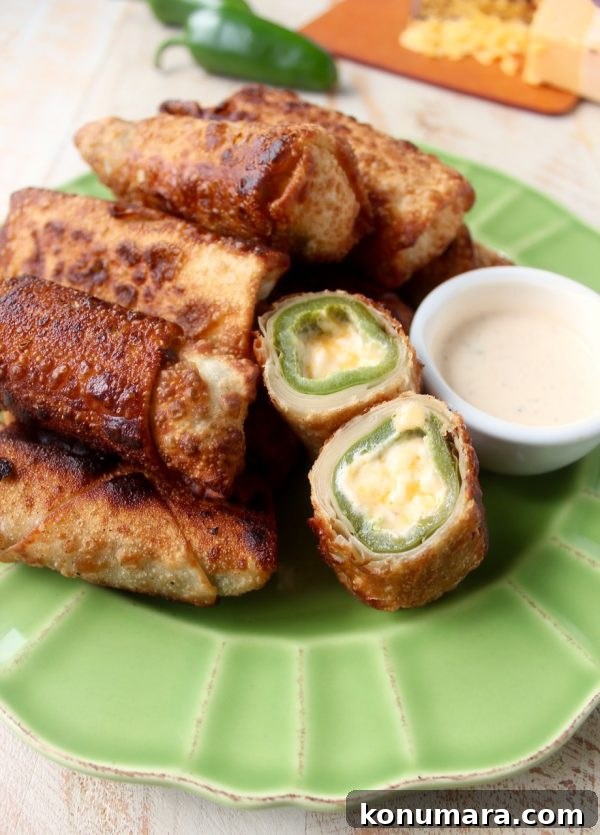 Crispy Jalapeño Popper Egg Rolls with Cream Cheese 2 Crispy, cheesy jalapeno popper egg rolls are the perfect appetizer for parties or game day! They're also so easy to make in under 30 minutes!