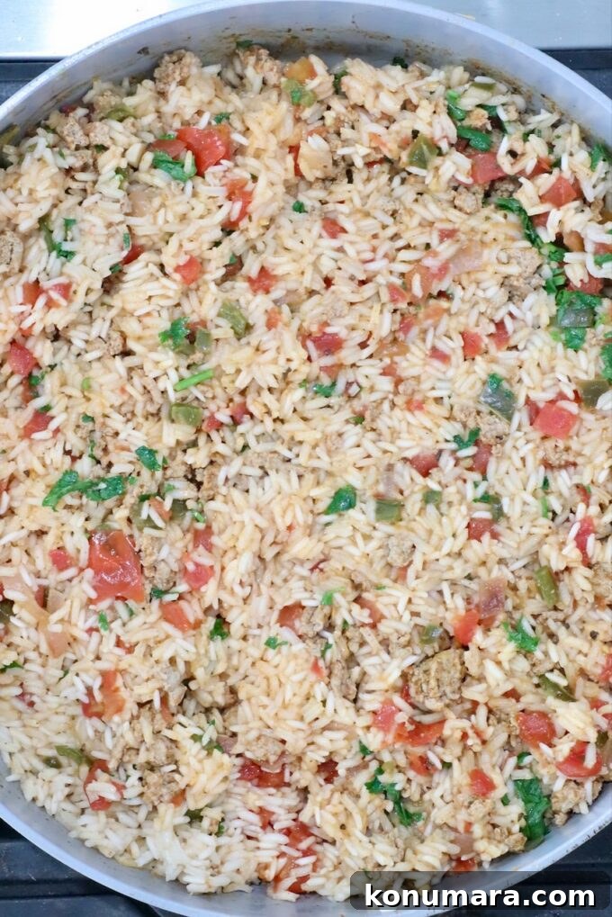 cooked rice in a skillet with ground meat and vegetables