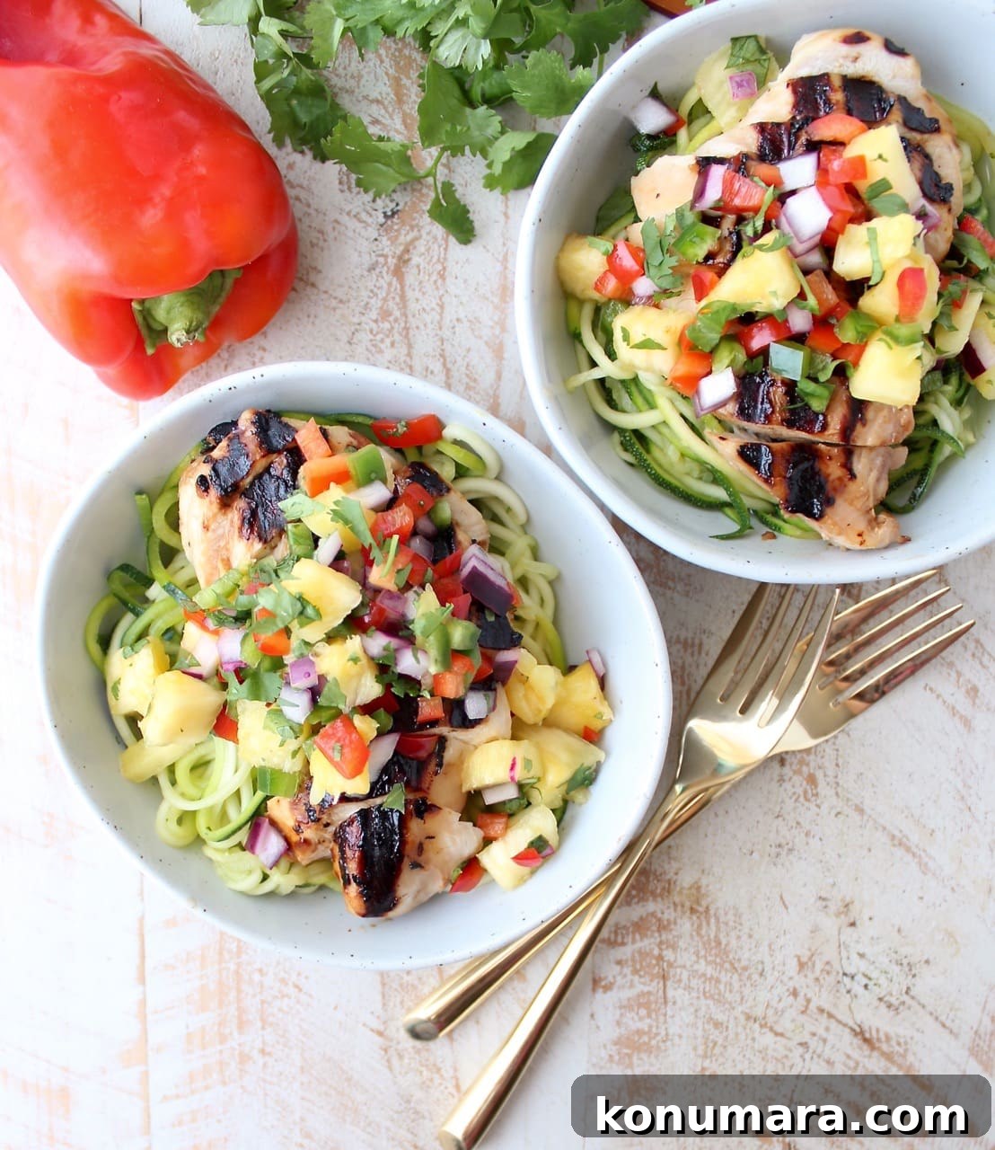 Low-Carb Teriyaki Chicken Zoodle Bowl Recipe 2 Grilled teriyaki chicken is served over zucchini noodles and topped with pineapple salsa in these healthy, gluten free and delicious zoodle bowls!