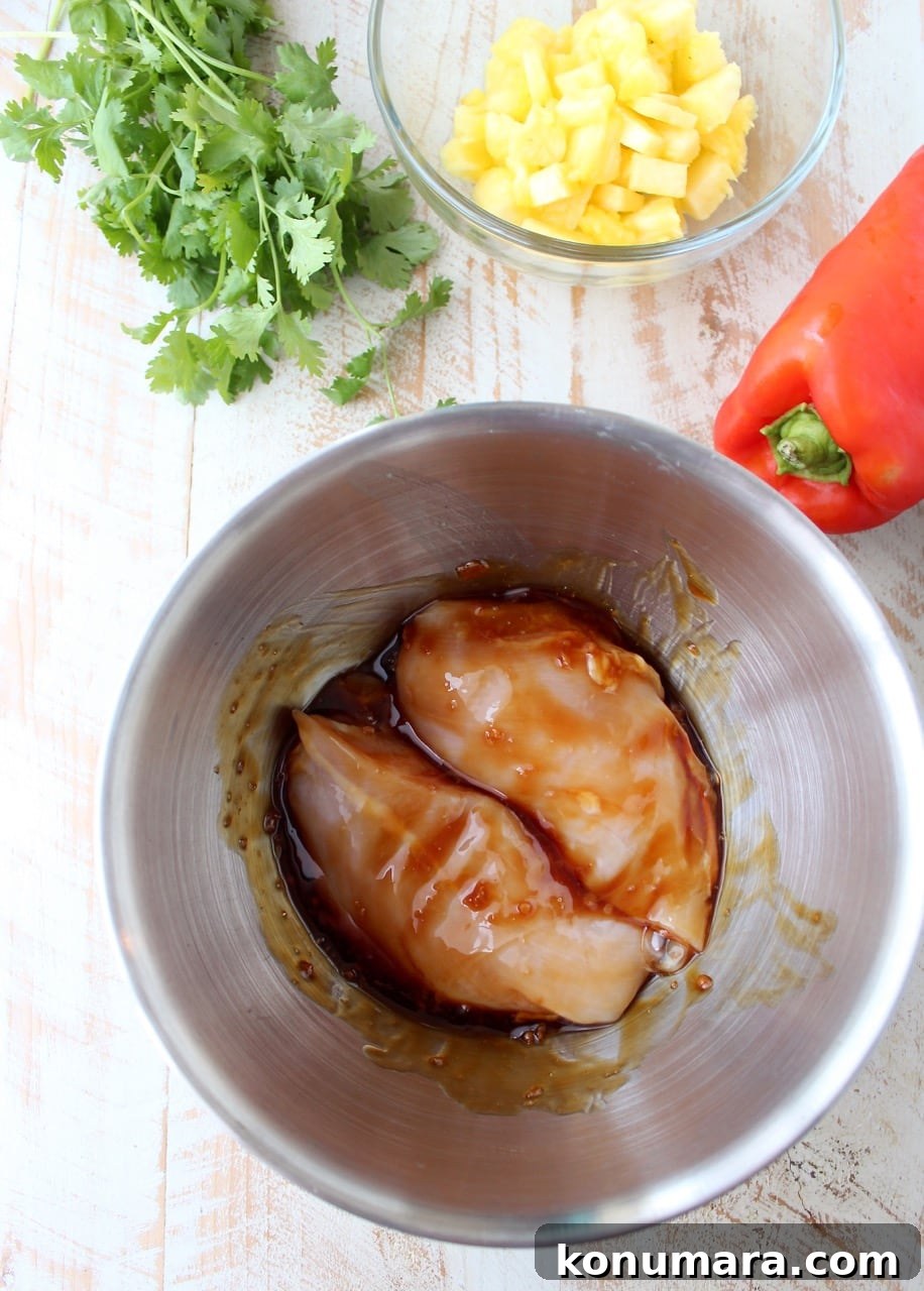 Low-Carb Teriyaki Chicken Zoodle Bowl Recipe 5 Grilled teriyaki chicken is served over zucchini noodles and topped with pineapple salsa in these healthy, gluten free and delicious zoodle bowls!
