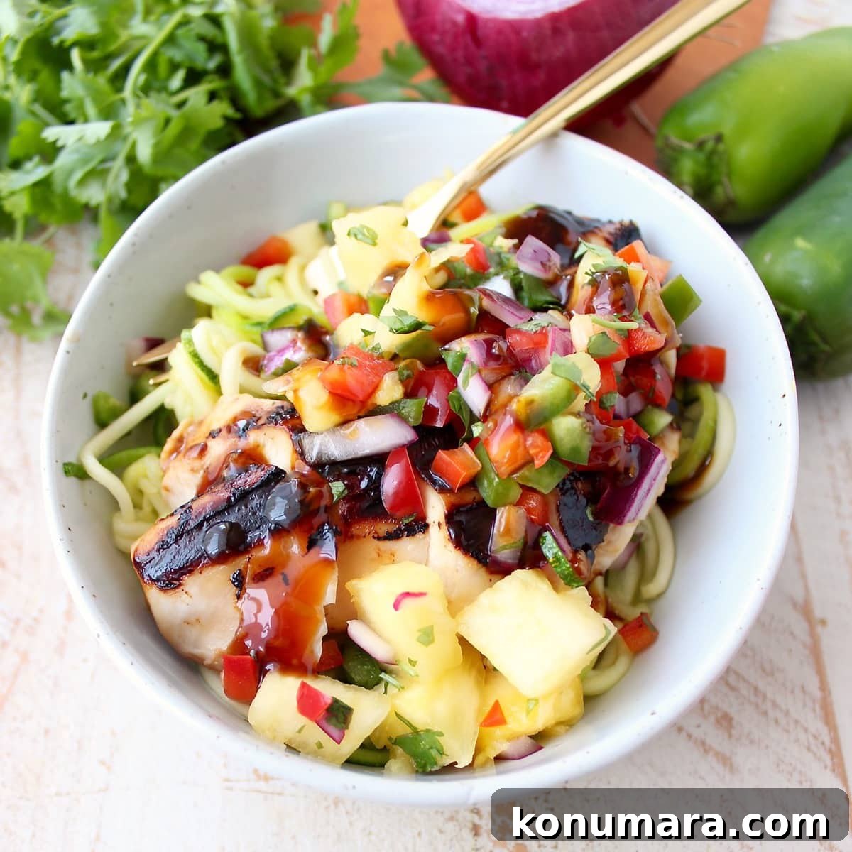 Low-Carb Teriyaki Chicken Zoodle Bowl Recipe 7 Grilled teriyaki chicken is served over zucchini noodles and topped with pineapple salsa in these healthy, gluten free and delicious zoodle bowls!