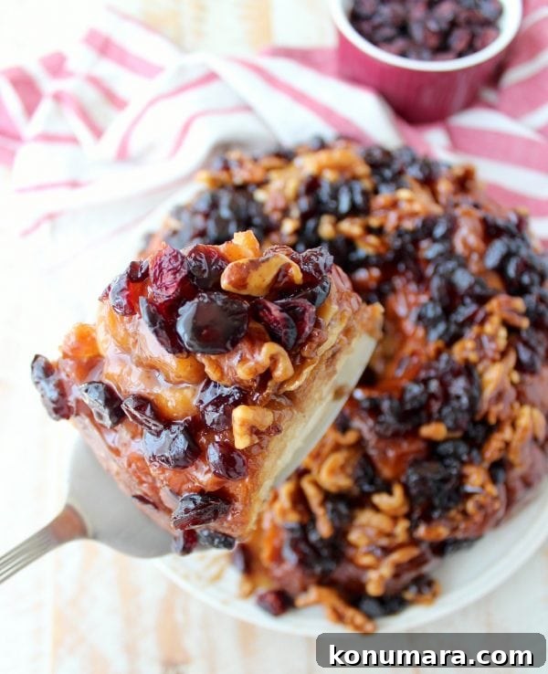 Maple syrup, dried cranberries and walnuts top this decadent monkey bread that's perfect for fall brunches and holiday breakfasts!
