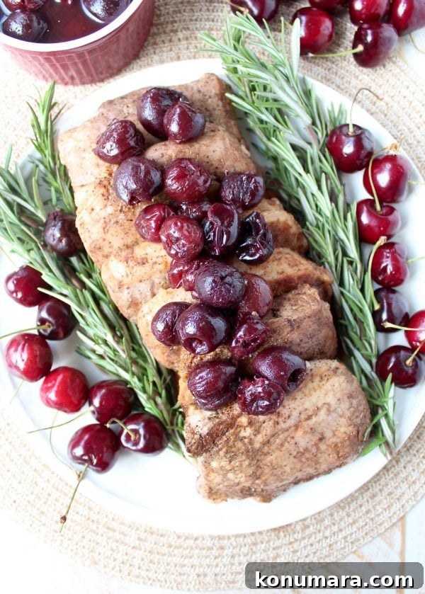 Cherry-Balsamic Glazed Pork Chops 7 Pork chops plated with cherry balsamic sauce