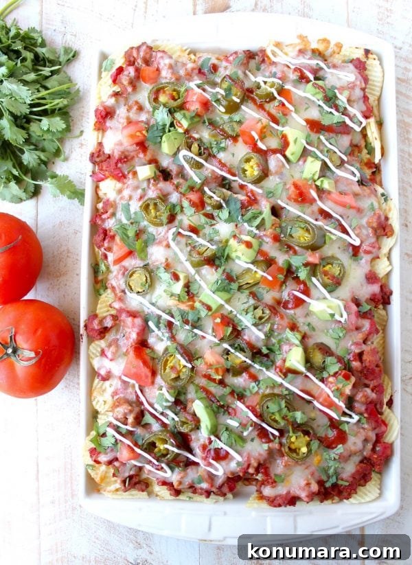 Close-up of cheesy Sloppy Joe Nachos with jalapeños and diced tomatoes