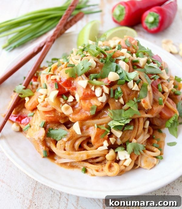 Creamy Slow Cooker Thai Peanut Chicken Noodles 4 Thai Peanut Chicken Noodles plated