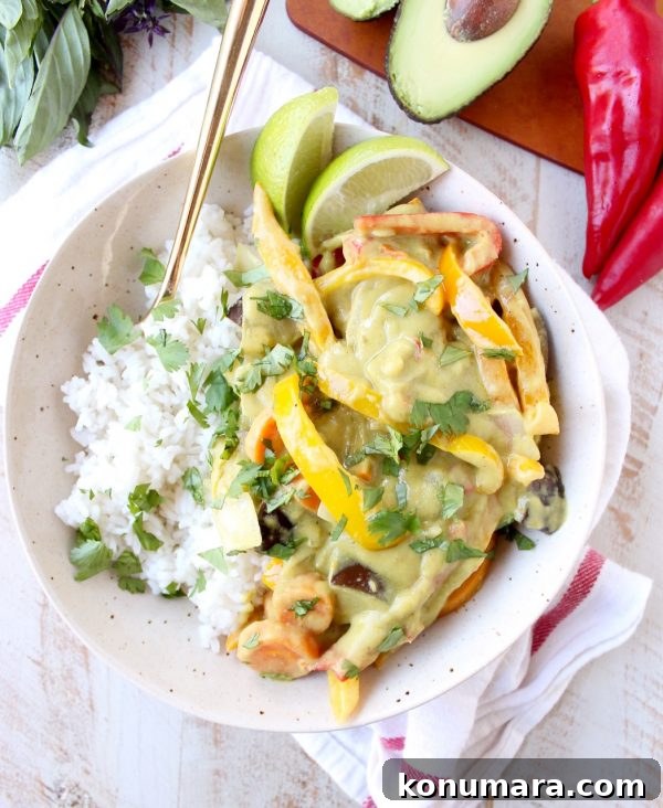 Creamy Thai Green Curry with Avocado and Coconut Milk 2 Avocado adds an extra rich, creamy flavor and texture to this Thai Green Curry Sauce, perfect for simmering with veggies in this Vegan Avocado Curry Recipe!