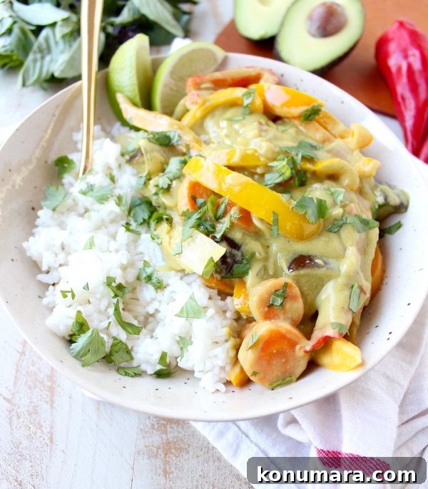 Creamy Thai Green Curry with Avocado and Coconut Milk 3 Avocado adds an extra rich, creamy flavor and texture to this Thai Green Curry Sauce, perfect for simmering with veggies in this Vegan Avocado Curry Recipe!