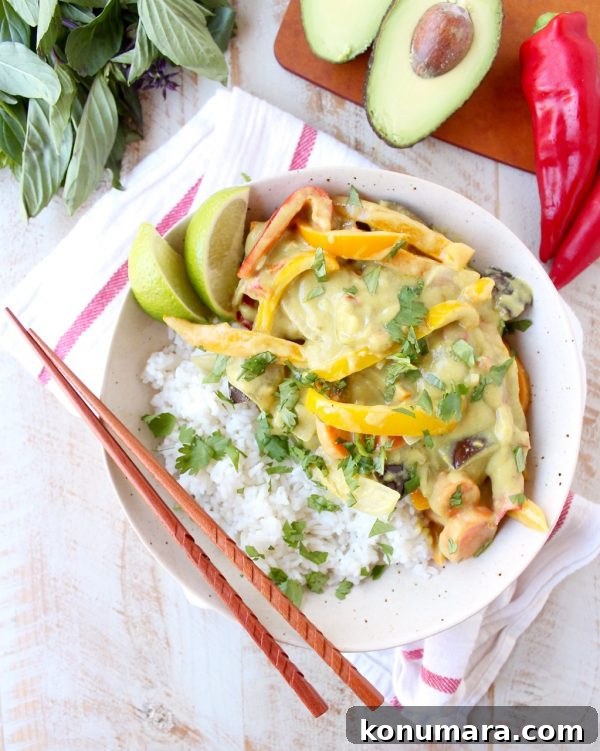 Creamy Thai Green Curry with Avocado and Coconut Milk 4 Avocado adds an extra rich, creamy flavor and texture to this Thai Green Curry Sauce, perfect for simmering with veggies in this Vegan Avocado Curry Recipe!