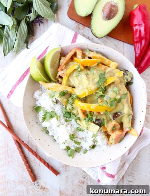 Creamy Thai Green Curry with Avocado and Coconut Milk 7 Avocado adds an extra rich, creamy flavor and texture to this Thai Green Curry Sauce, perfect for simmering with veggies in this Vegan Avocado Curry Recipe!