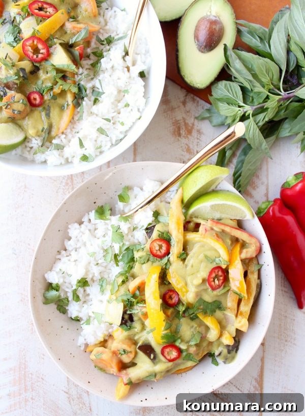 Creamy Thai Green Curry with Avocado and Coconut Milk 8 Avocado adds an extra rich, creamy flavor and texture to this Thai Green Curry Sauce, perfect for simmering with veggies in this Vegan Avocado Curry Recipe!