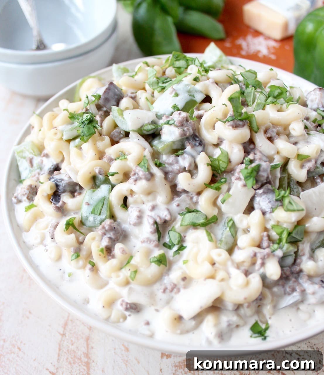 Loaded Philly Cheesesteak Mac and Cheese 2 prepared cheesesteak mac and cheese in bowl
