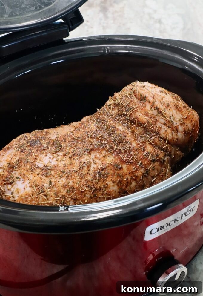 Juicy Slow-Cooker Turkey Breast Recipe 7 seasoned turkey breast in a crock pot