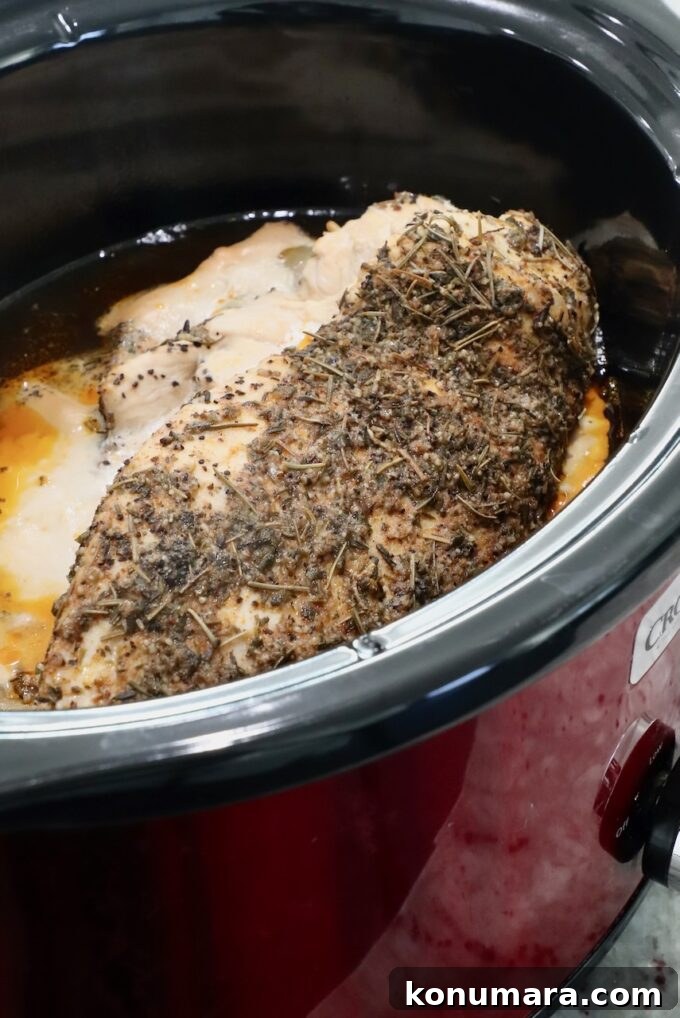 Juicy Slow-Cooker Turkey Breast Recipe 8 cooked seasoned turkey breast in a crock pot