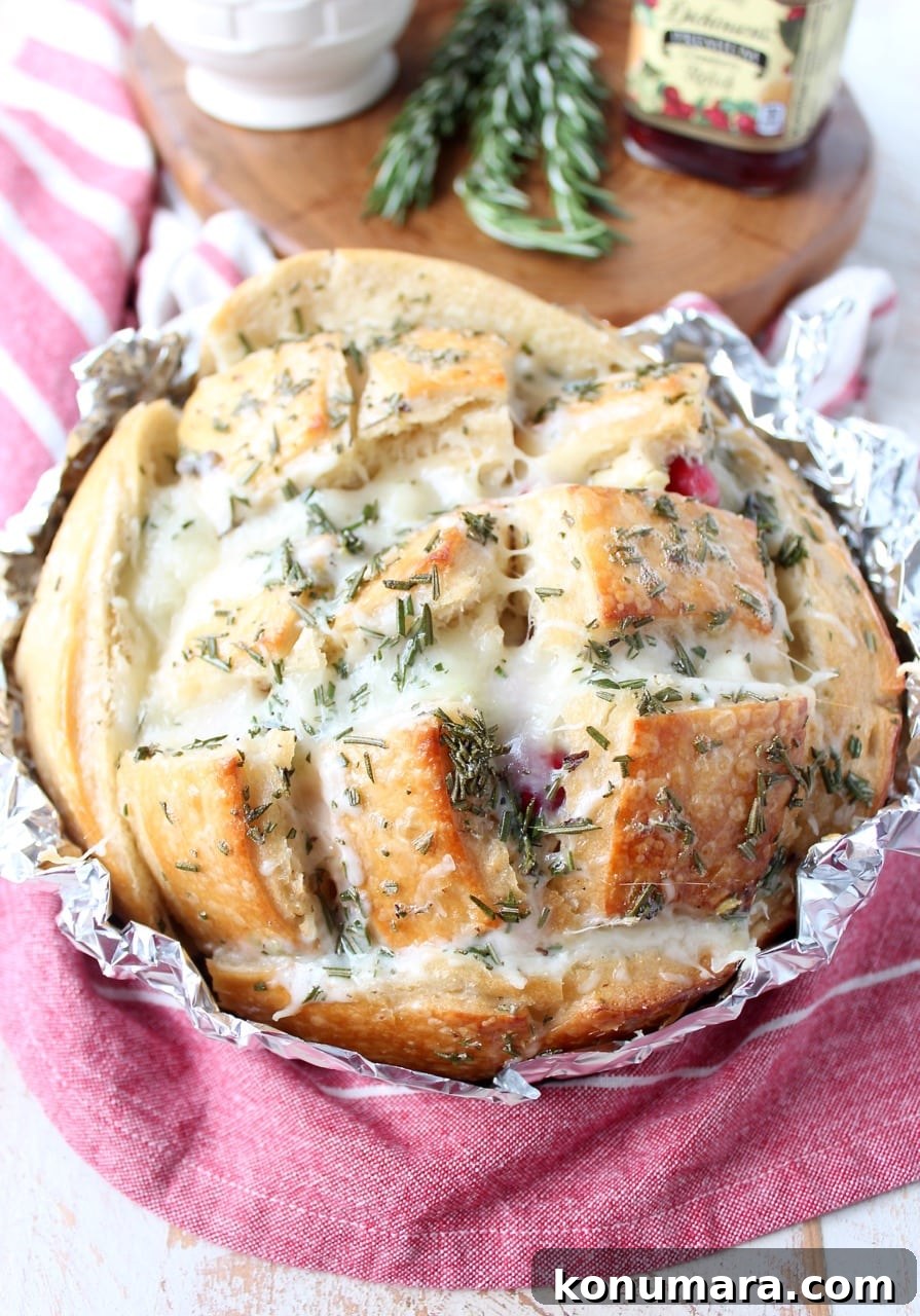 Leftover Thanksgiving turkey & cranberry sauce is made into a delicious pull apart bread recipe filled with mozzarella cheese & topped with rosemary butter!
