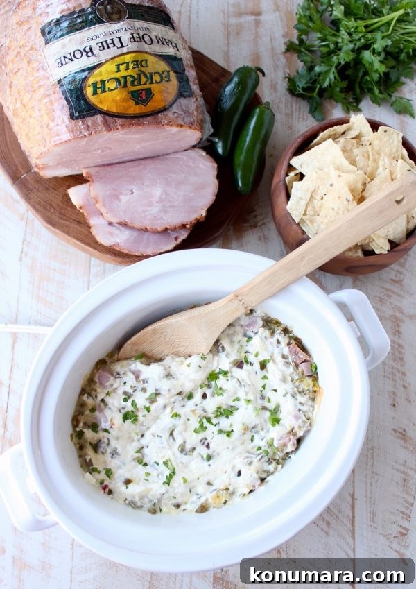 Slow Cooker Ham and Cheese Jalapeno Popper Dip 4 Serving Ham and Cheese Jalapeno Popper Dip with chips