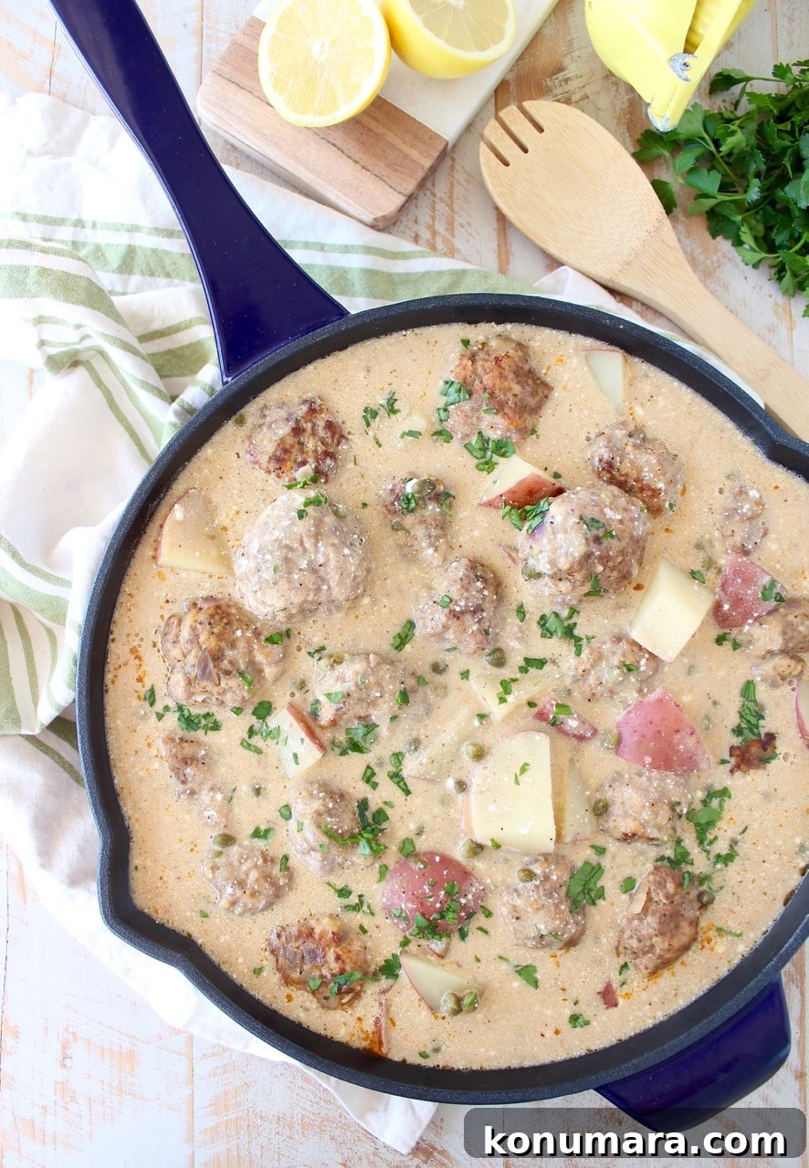 One-Pot German Meatballs and Potatoes Recipe 2 In one pot, create a delicious meal of German meatballs and potatoes in a creamy white caper sauce, incredibly flavorful and an easy dinner recipe!