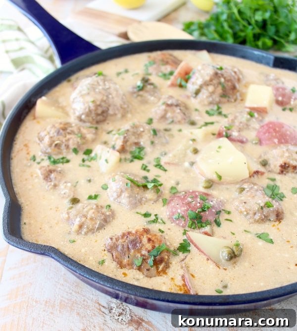 One-Pot German Meatballs and Potatoes Recipe 3 In one pot, create a delicious meal of German meatballs and potatoes in a creamy white caper sauce, incredibly flavorful and an easy dinner recipe!
