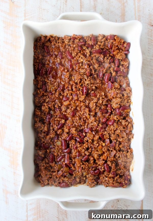 chili in rectangle casserole dish