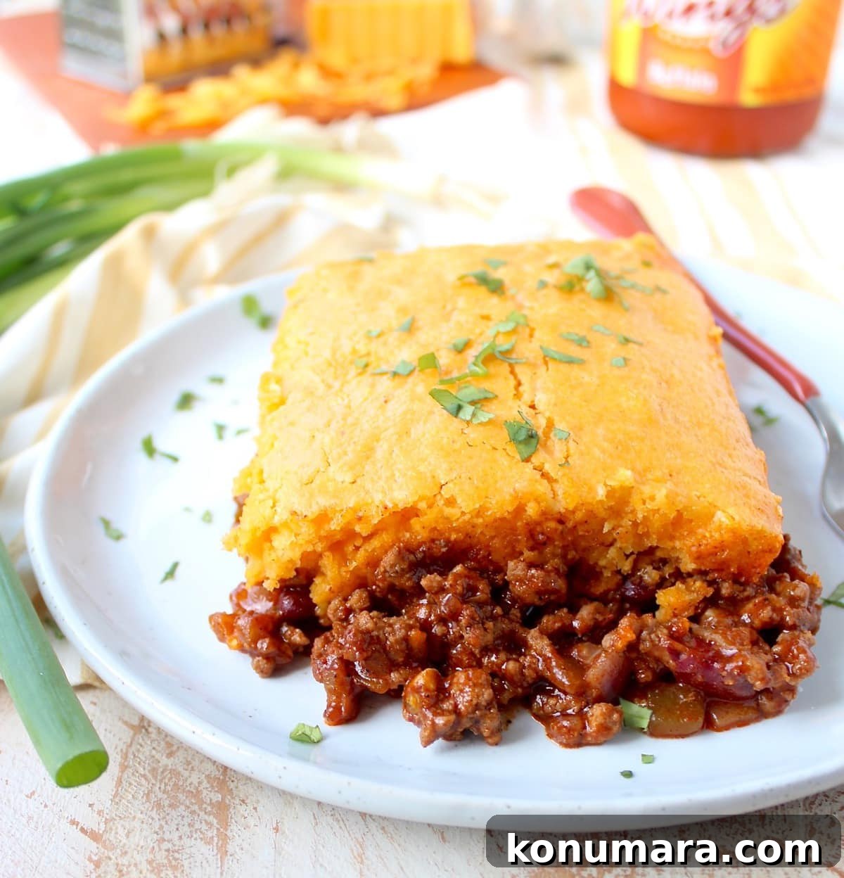 piece of cornbread chili pie on plate