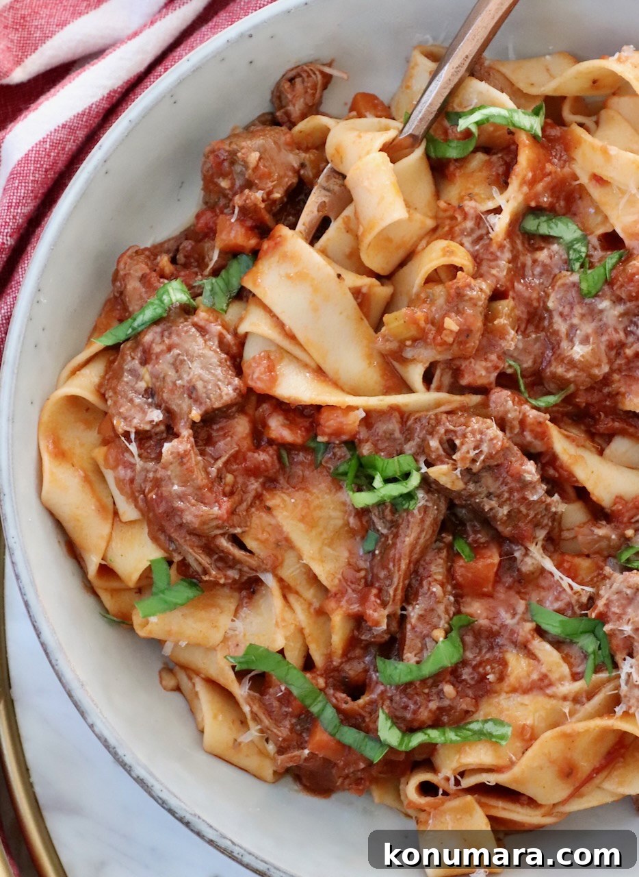Instant Pot Beef Ragu with Tomato and Red Wine 2 beef ragu sauce tossed with pasta in a bowl with a fork