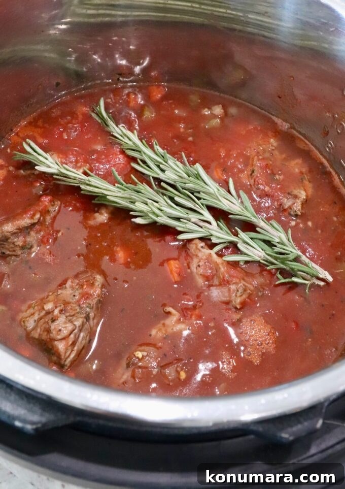 Instant Pot Beef Ragu with Tomato and Red Wine 7 beef ragu sauce in Instant Pot topped with sprigs of rosemary