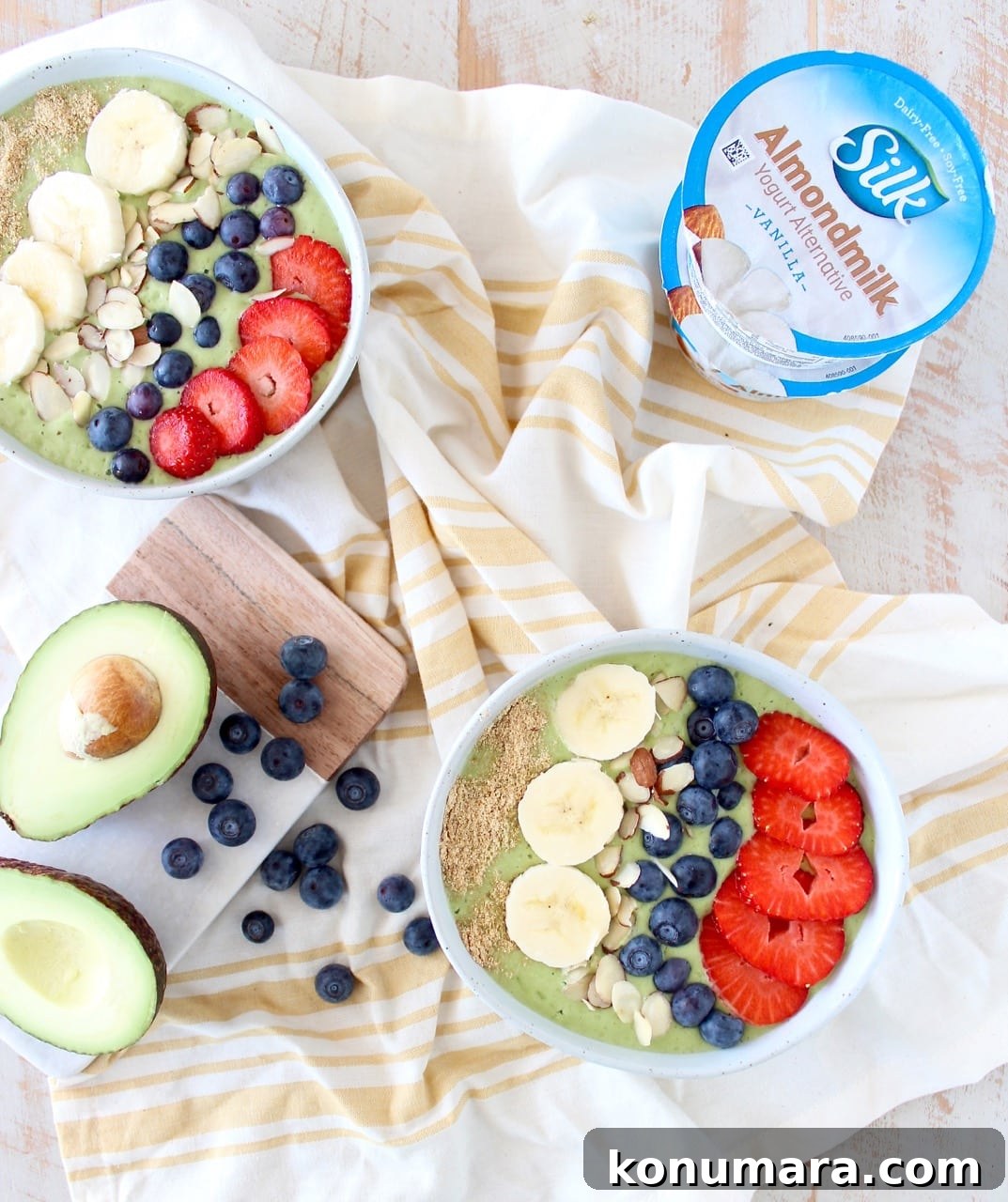 Vegan avocado smoothie bowl with toppings