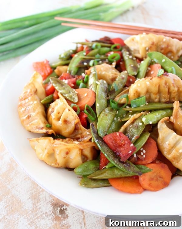 Crispy Chicken Potsticker Stir-Fry Recipe 3 Potstickers and vegetables tossed in stir fry sauce